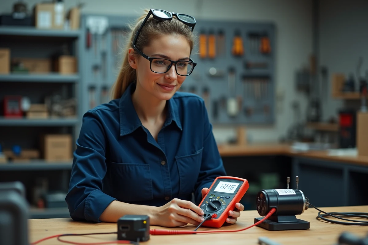 Ingénieure mesurant la tension aux bornes d'un moteur électrique avec un multimètre numérique dans un atelier industriel