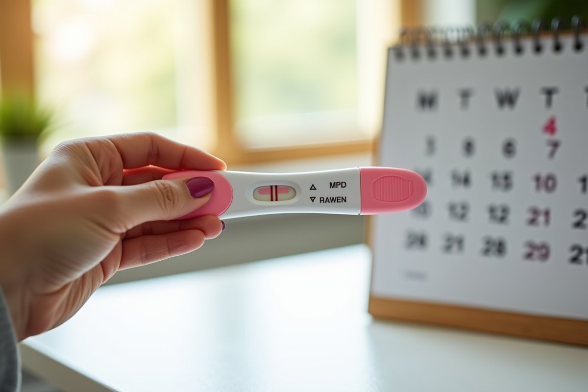 Main tenant un test de grossesse positif sur une table lumineuse