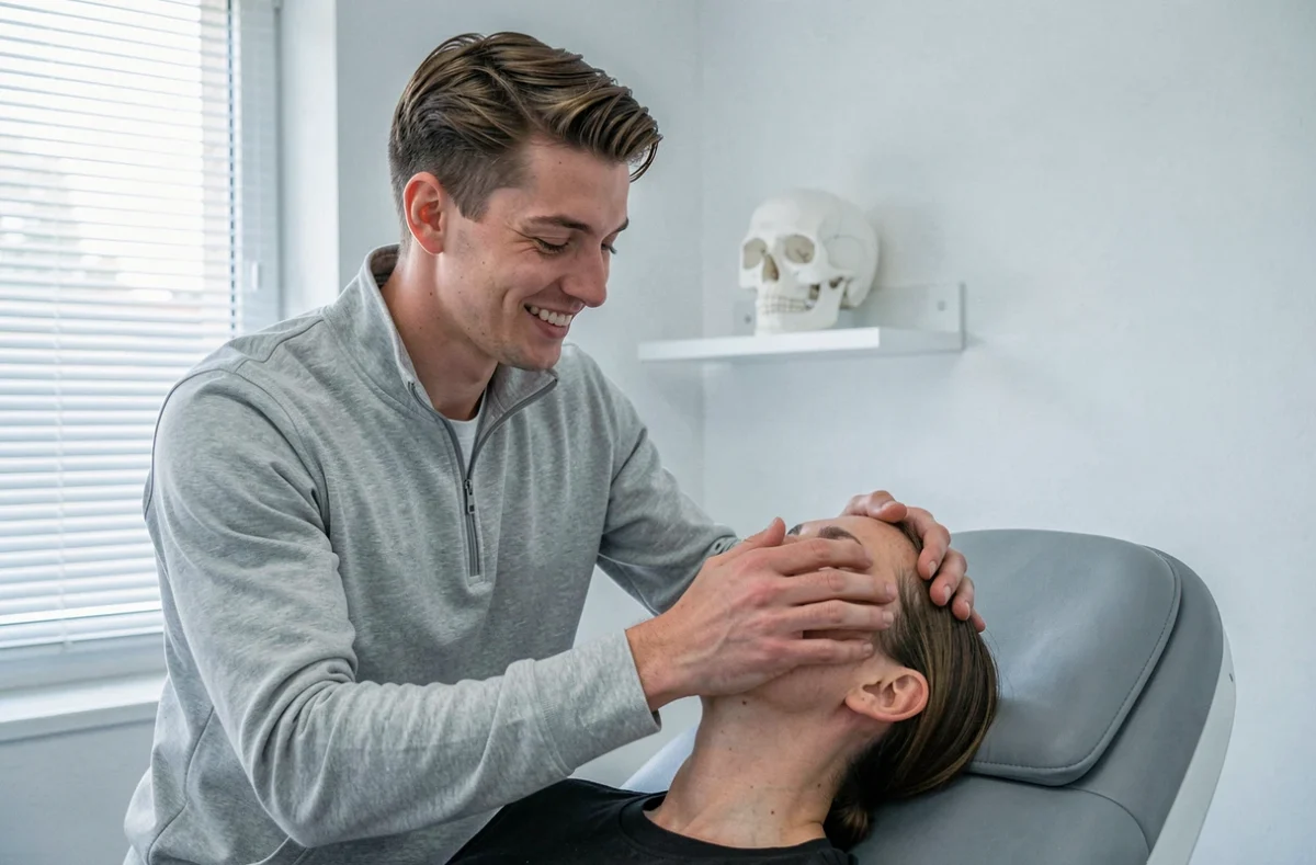 Théophile Landrin, ostéopathe dans la Vienne, pratiquant une technique crânienne sur un patient assis