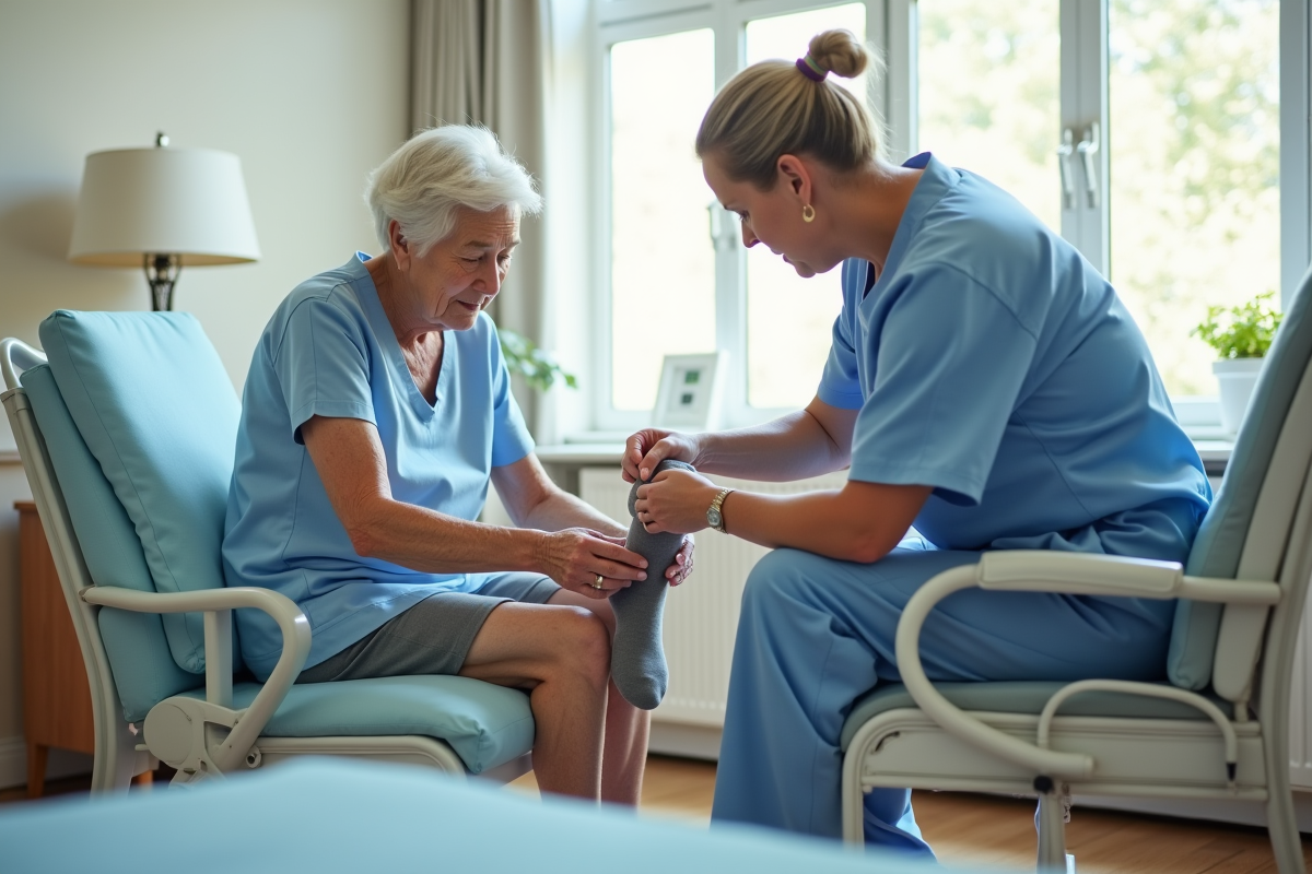 Therapeute aidant une personne agee a mettre une chaussette