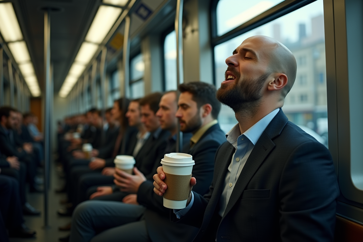 Employe de bureau dans le métro avec café et ville en arrière-plan