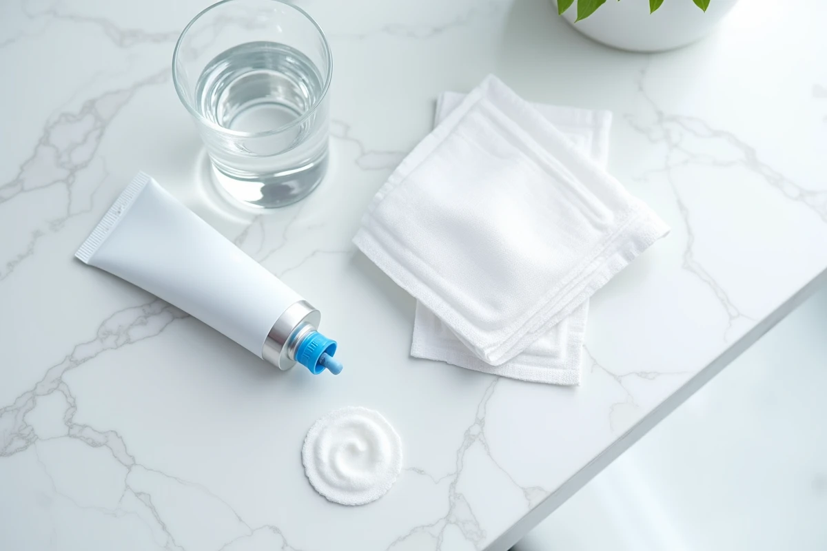 Tube de gel à l'acide hyaluronique Ialuset, compresse stérile et notice posée sur une surface en marbre blanc, mode d'emploi sécurisé