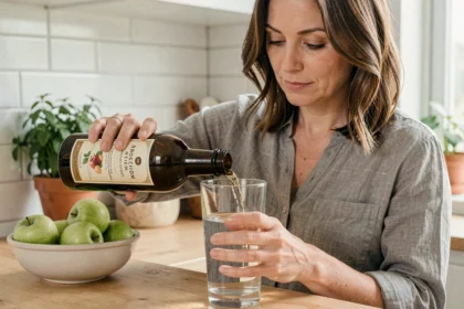 Femme versant du vinaigre de cidre dans un grand verre d'eau dans une cuisine lumineuse, illustrant une consommation douce pour estomac sensible