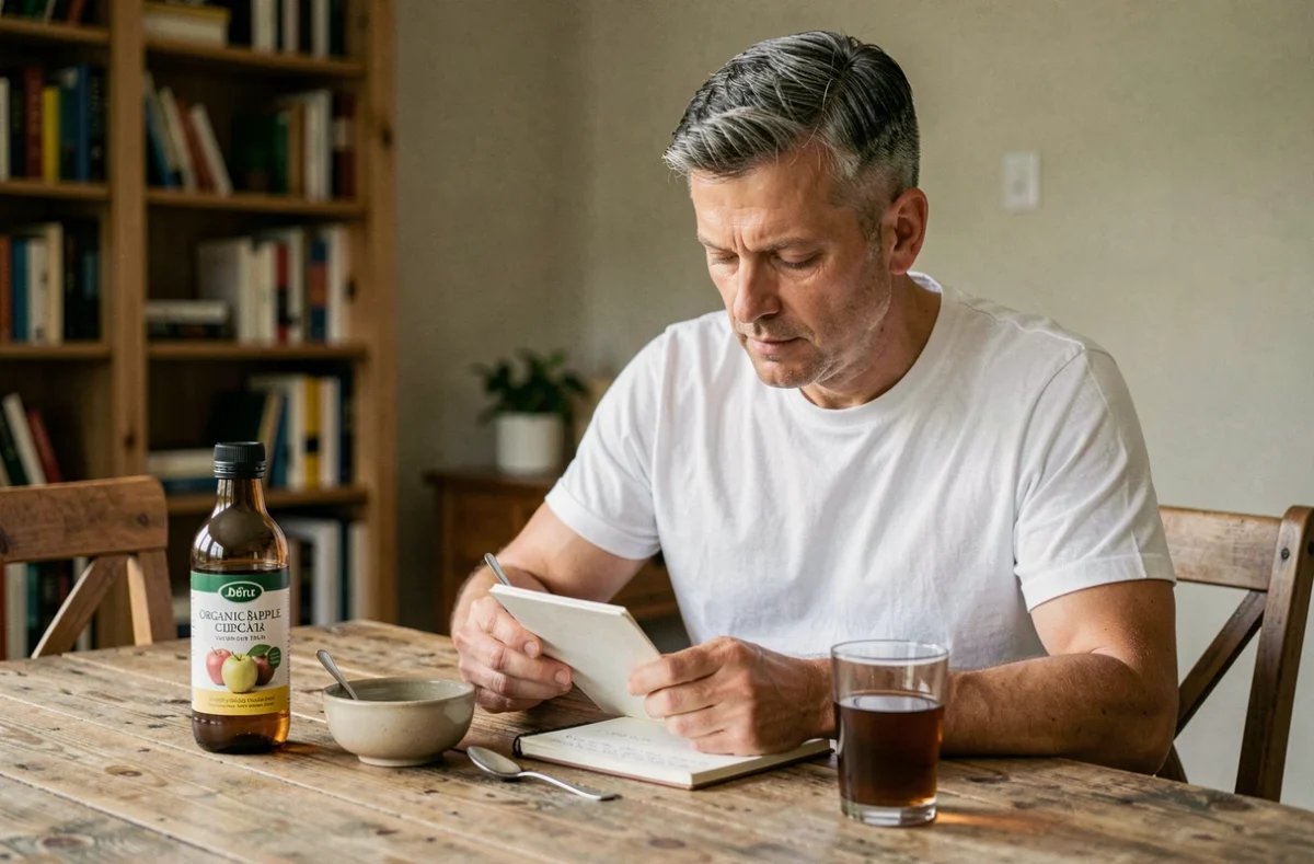 Homme consultant ses notes à table avec une bouteille de vinaigre de cidre et une tisane, illustrant une routine santé adaptée aux estomacs sensibles