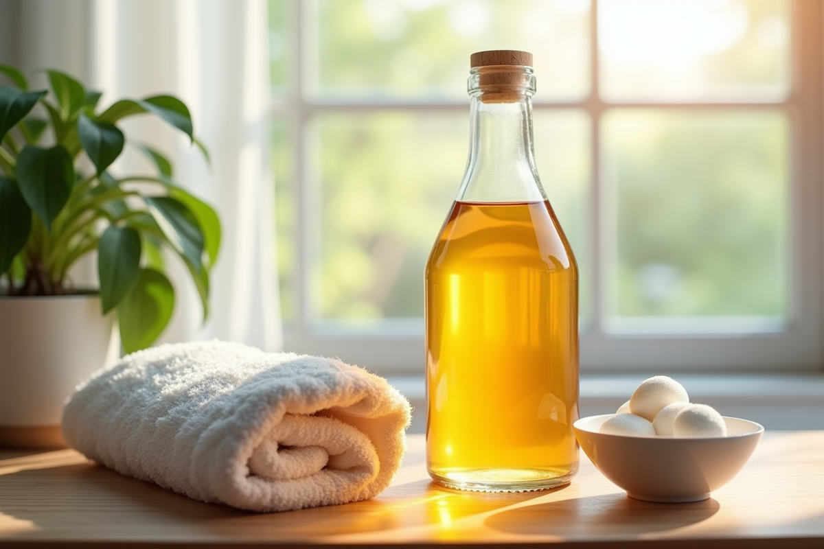 Bouteille de vinaigre de pomme sur un comptoir en bois avec serviette et plante