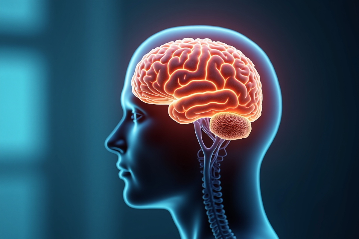 Vue en coupe du cerveau avec régions grises en couleurs vives en milieu médical